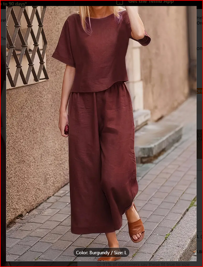 Burgundy Two-Piece Crew Neck T-Shirt & Wide Leg Pants