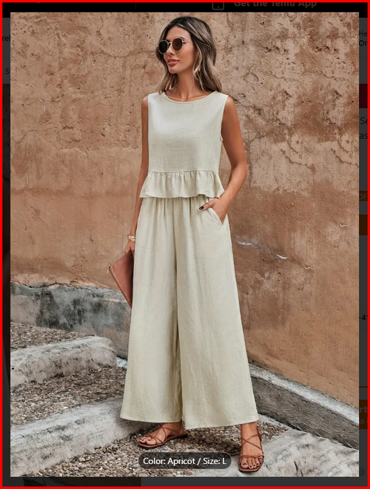 Ruffle Hem Sleeveless Button Back Tank Top Pant Set