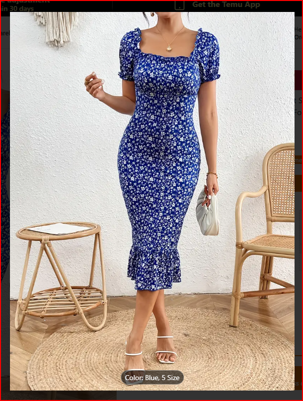 Blue Floral Print Puff Sleeve Ruffle Hem Dress