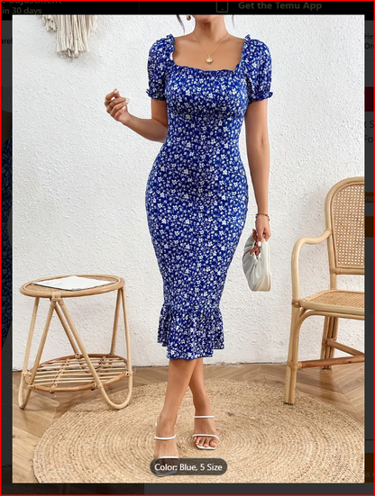 Blue Floral Print Puff Sleeve Ruffle Hem Dress