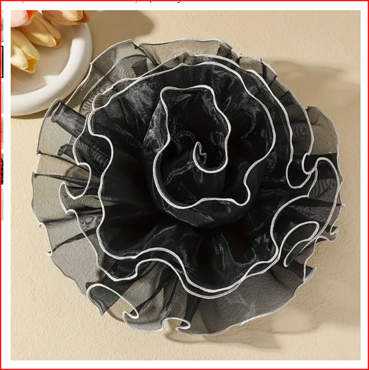 Opulent French Vintage-Inspired Handcrafted Black Floral Brooch.