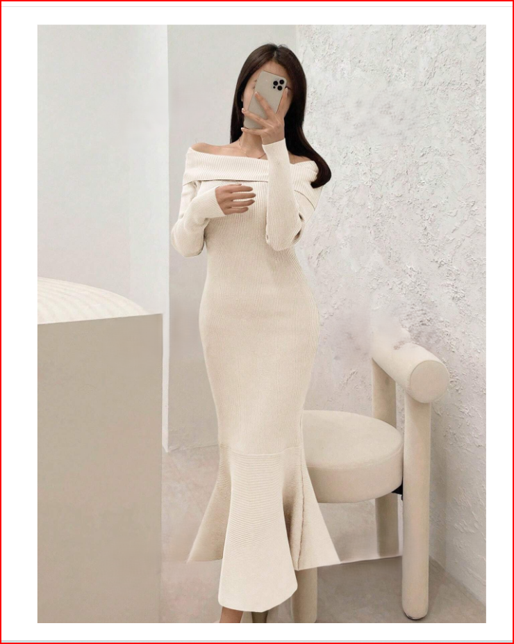 Luxurious & Sophisticated Off Shoulder Sweater Beige Dress