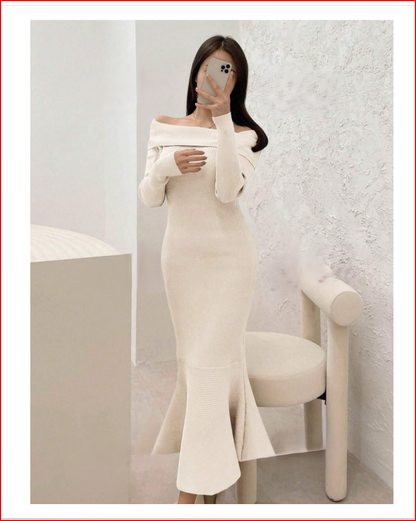 Luxurious & Sophisticated Off Shoulder Sweater Beige Dress