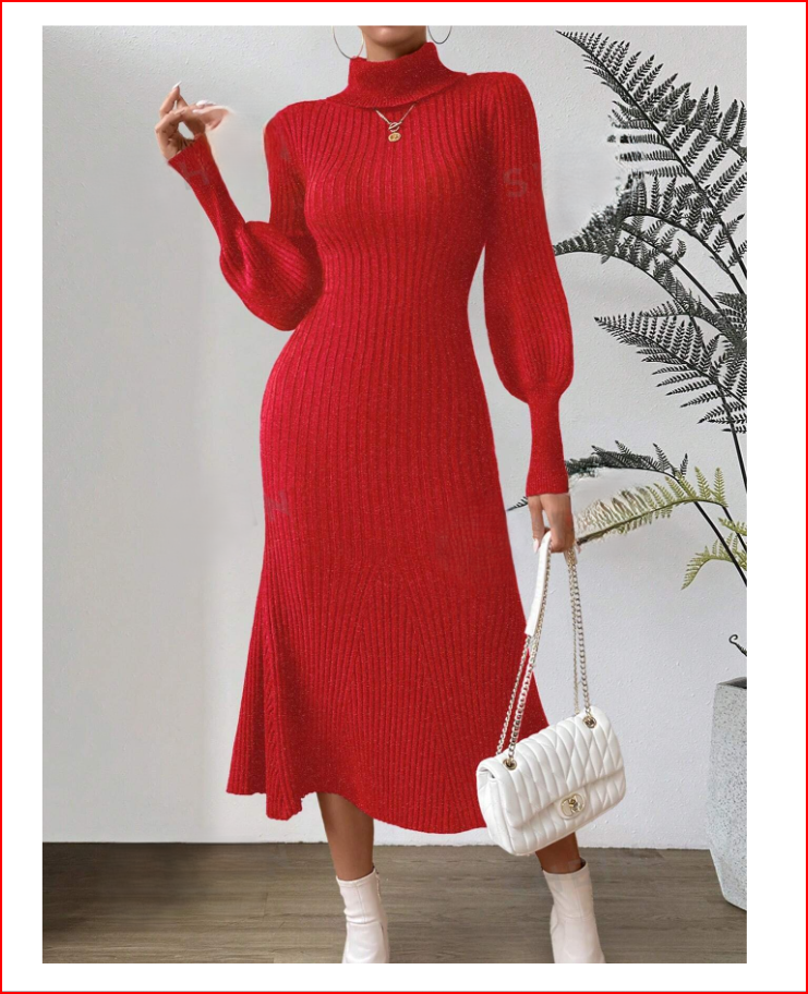 Red Turtle Neck Lantern Sleeve Sweater Dress