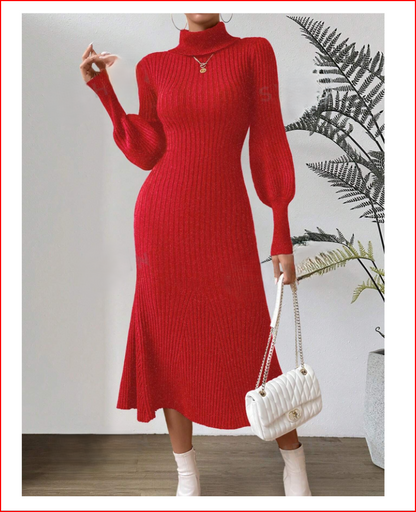 Red Turtle Neck Lantern Sleeve Sweater Dress