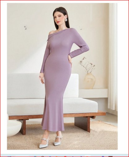 Asymmetric Collar Batwing Sleeve Dress