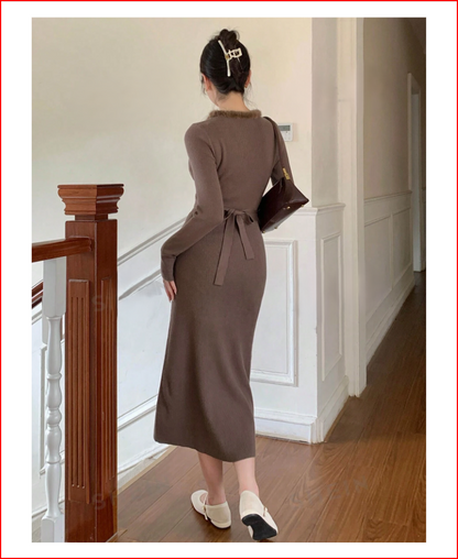 Elegantly Fuzzy Neck Trim Tieback Knit Sweater Dress