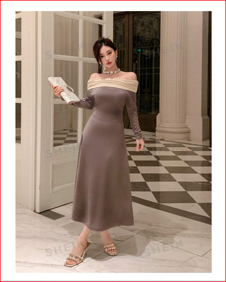 Color Block Off Shoulder Long Sleeve Dress