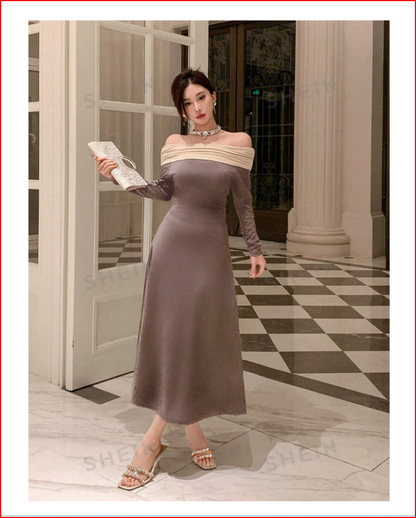 Color Block Off Shoulder Long Sleeve Dress