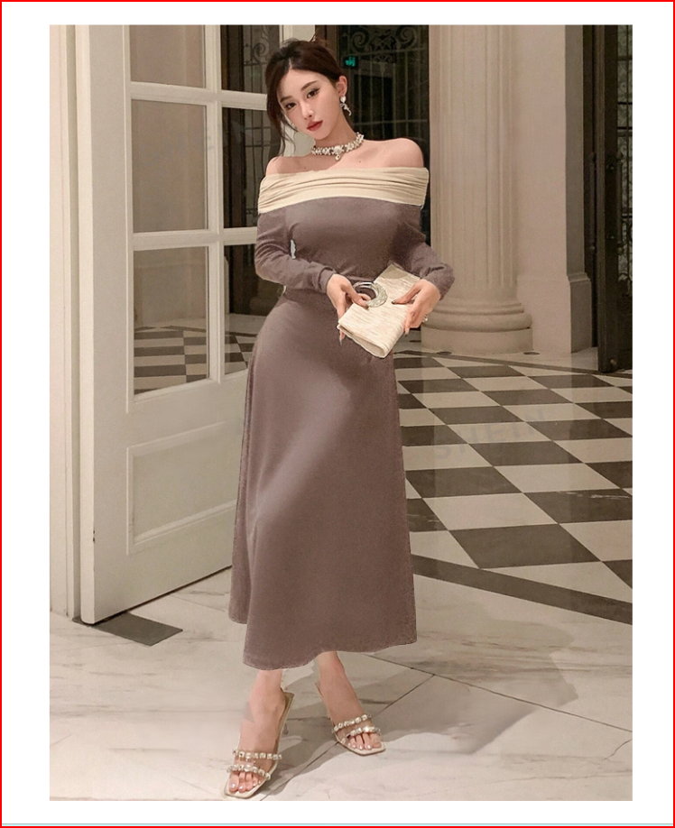 Color Block Off Shoulder Long Sleeve Dress