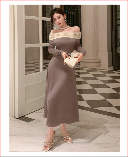 Color Block Off Shoulder Long Sleeve Dress