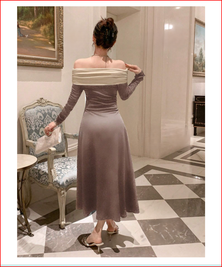 Color Block Off Shoulder Long Sleeve Dress