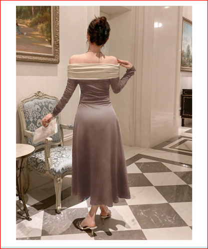 Color Block Off Shoulder Long Sleeve Dress