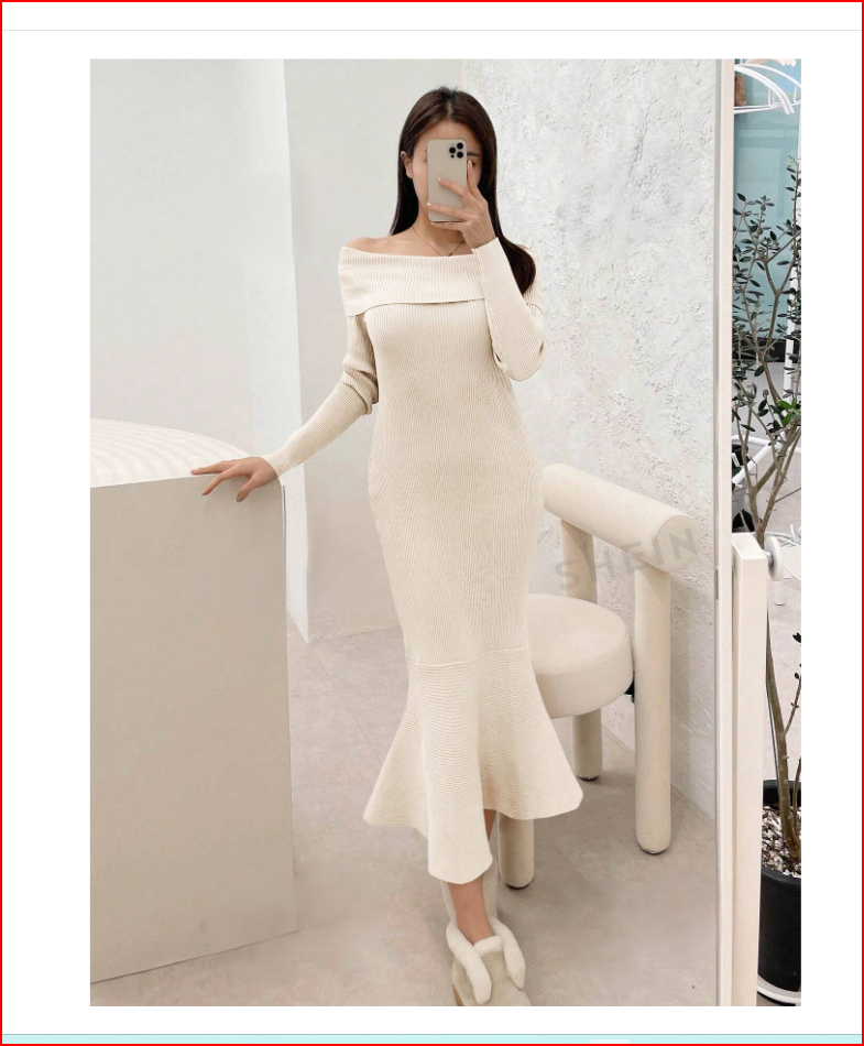 Luxurious & Sophisticated Off Shoulder Sweater Beige Dress