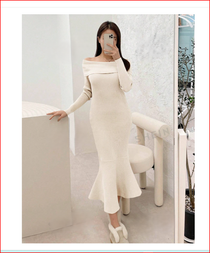 Luxurious & Sophisticated Off Shoulder Sweater Beige Dress