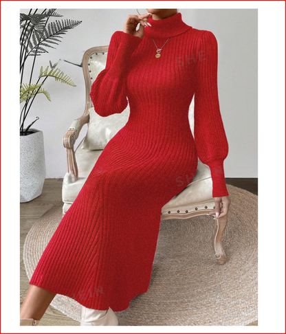 Red Turtle Neck Lantern Sleeve Sweater Dress