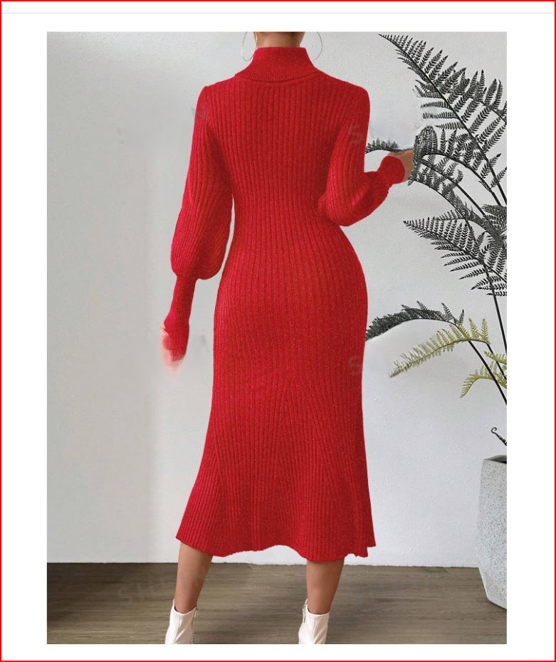 Red Turtle Neck Lantern Sleeve Sweater Dress
