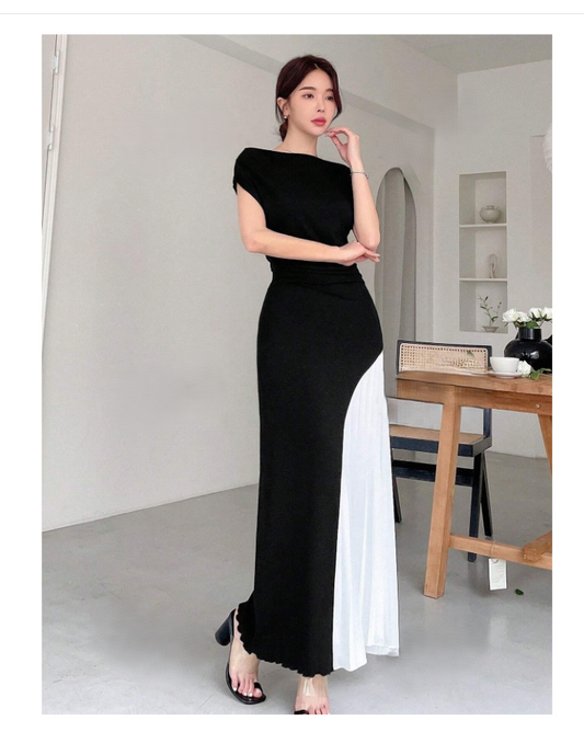 Exotic Black & White Color Block Dress with side White Pleats