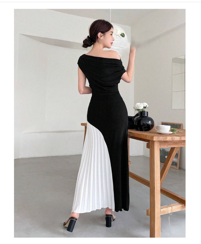 Exotic Black & White Color Block Dress with side White Pleats