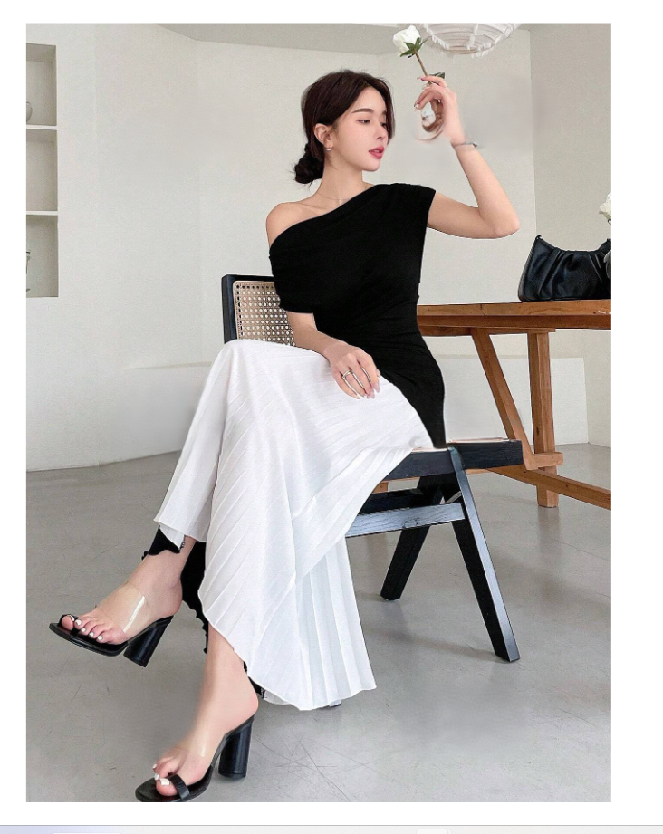 Exotic Black & White Color Block Dress with side White Pleats