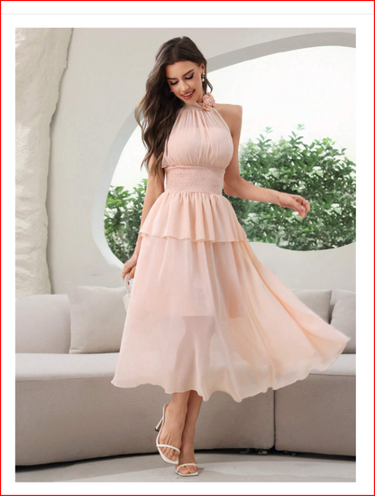 Elegant 3D Floral Decorated Midi Dress