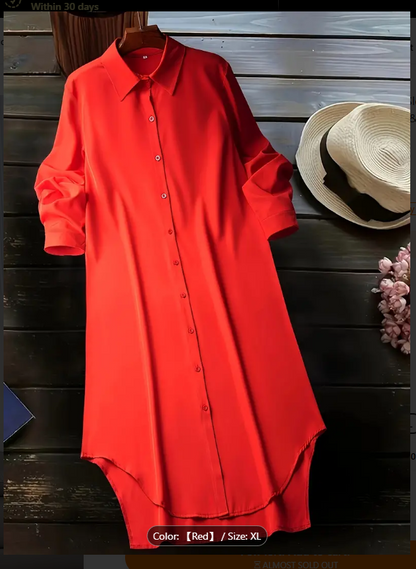 Red Button Front Long Sleeve  Shirt Dress