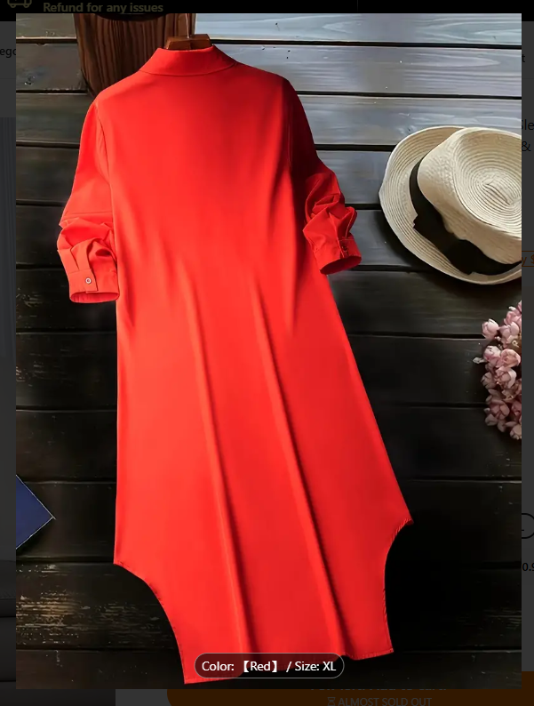 Red Button Front Long Sleeve  Shirt Dress