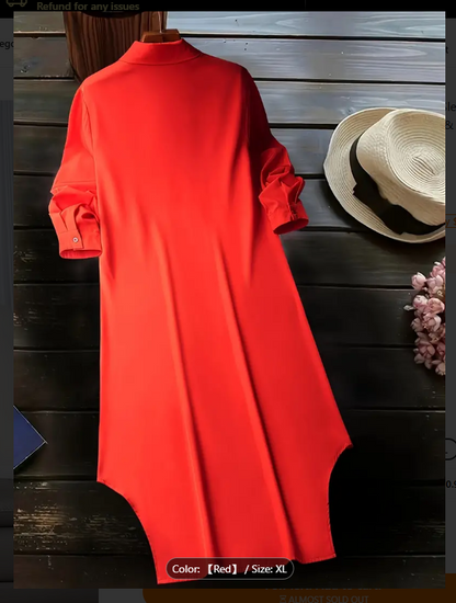 Red Button Front Long Sleeve  Shirt Dress