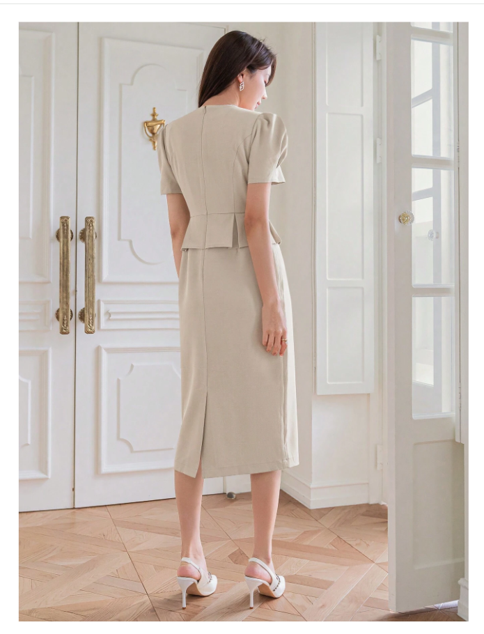 Fashionable Square Neck Puff Sleeve Dress Two in one Design Beige