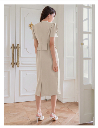 Fashionable Square Neck Puff Sleeve Dress Two in one Design Beige