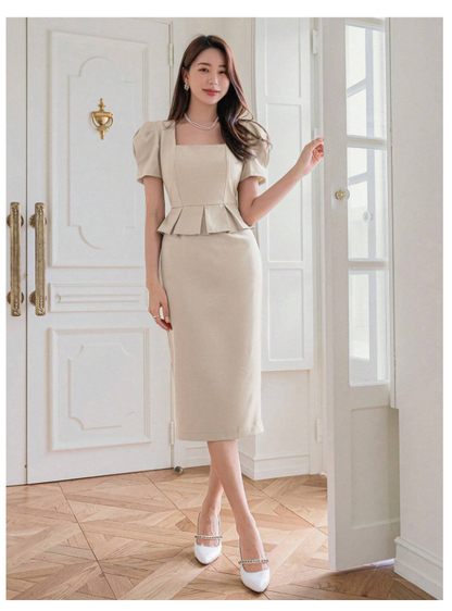 Fashionable Square Neck Puff Sleeve Dress Two in one Design Beige