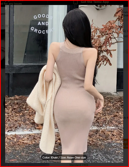 Pink Slimming Halter Neck Knit Bodycon Cross Back Dress