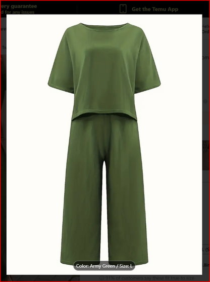 Army Green Two-Piece Crew Neck T-Shirt & Wide Leg Pants