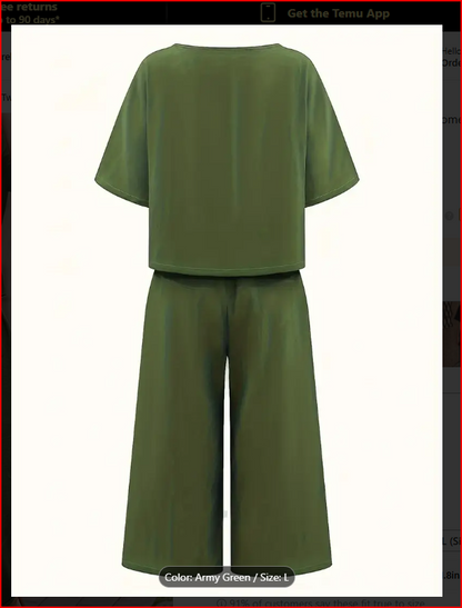 Army Green Two-Piece Crew Neck T-Shirt & Wide Leg Pants