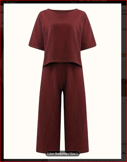 Burgundy Two-Piece Crew Neck T-Shirt & Wide Leg Pants