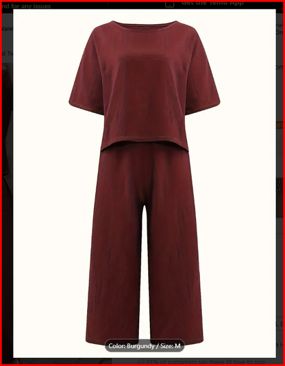 Burgundy Two-Piece Crew Neck T-Shirt & Wide Leg Pants