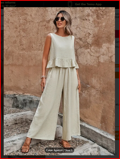 Ruffle Hem Sleeveless Button Back Tank Top Pant Set