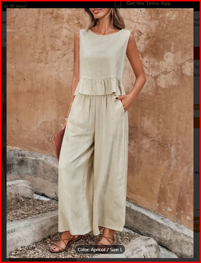 Ruffle Hem Sleeveless Button Back Tank Top Pant Set
