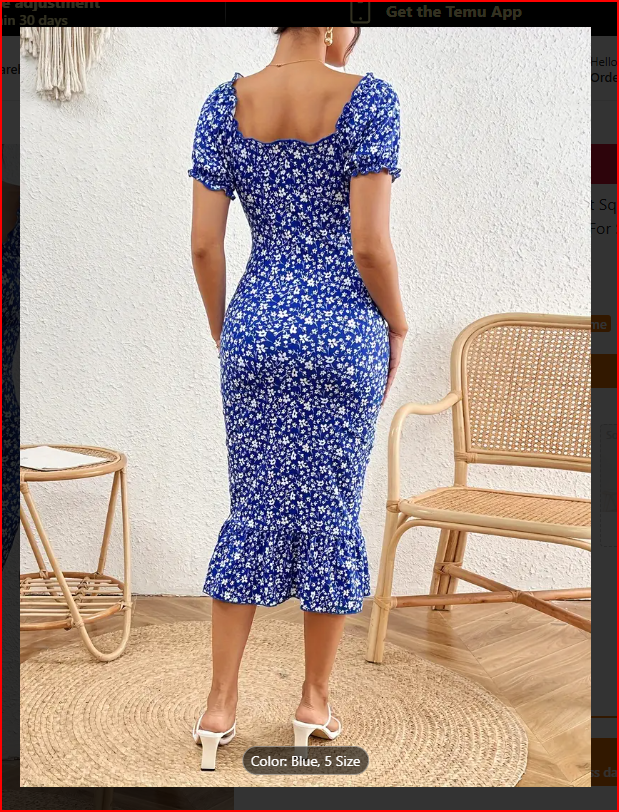 Blue Floral Print Puff Sleeve Ruffle Hem Dress