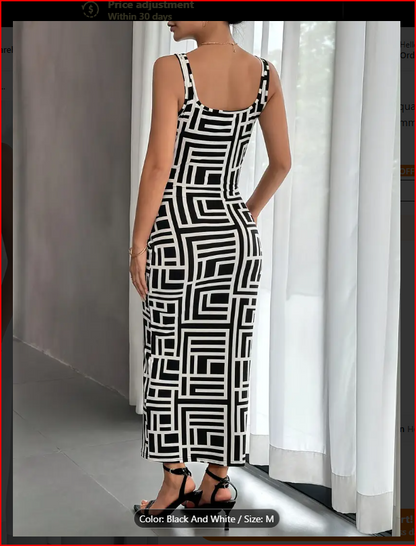 Black & White Geo Print Square Neck Tank Dress