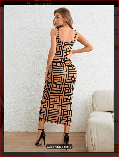 Khaki Colored  Geo Print Square Neck Tank Dress