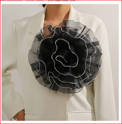 Opulent French Vintage-Inspired Handcrafted Black Floral Brooch.
