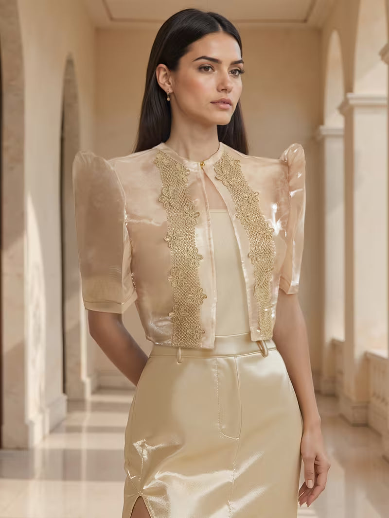 Light Gold Luxurious Solid Color Embroidered Blouse