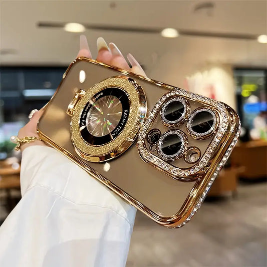Golden Electroplating Rhinestone Magnetic lPhone 16. Phone Case.