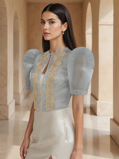 Polished Grey Solid Color Embroidered Blouse
